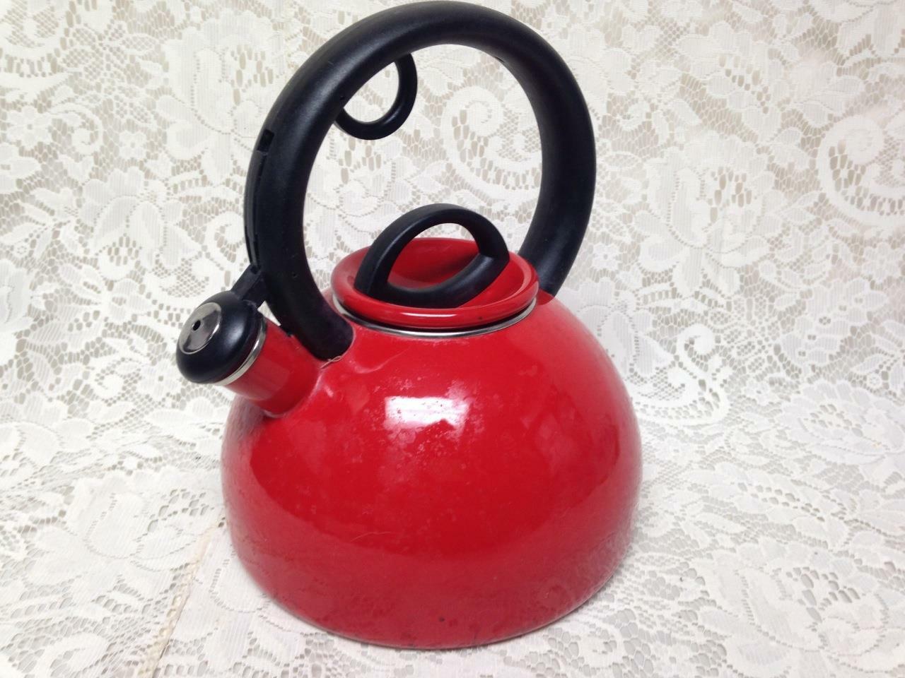 Vintage, Red Enamelware Teapot or Tea Kettle 9.5in T x 8in D