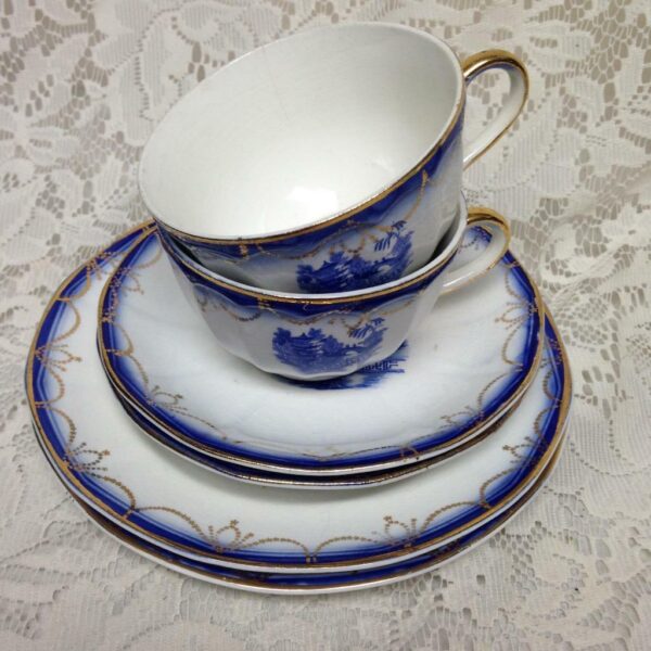 Vintage, Limoges USA Flow Blue Willow 6pc Trio Tea Set