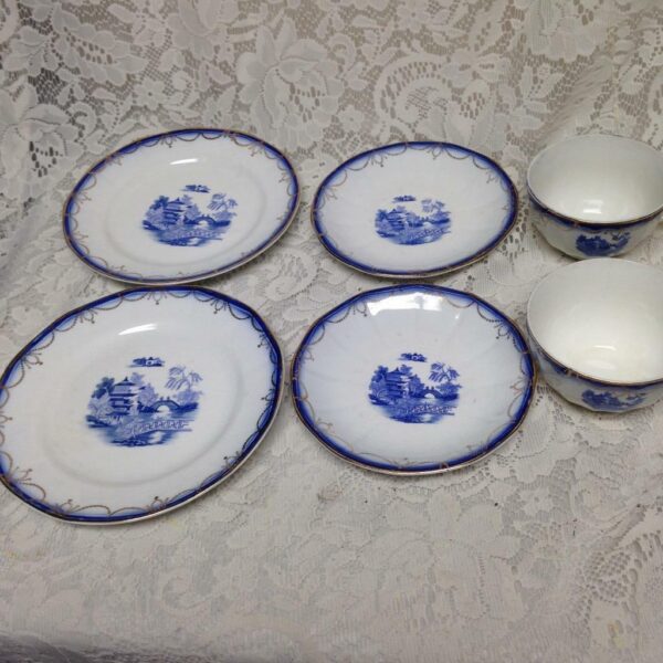 Vintage, Limoges USA Flow Blue Willow 6pc Trio Tea Set