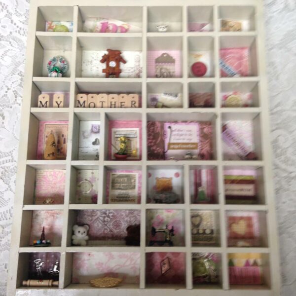 Vintage, Mothers Day, Wooden Shadow Box with Miniatures 17in x 14in x 2in