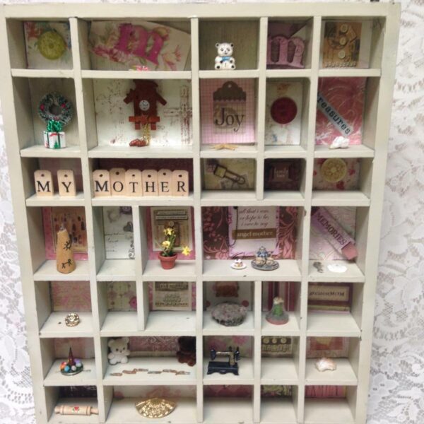 Vintage, Mothers Day, Wooden Shadow Box with Miniatures 17in x 14in x 2in