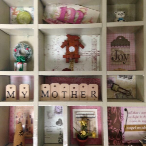 Vintage, Mothers Day, Wooden Shadow Box with Miniatures 17in x 14in x 2in