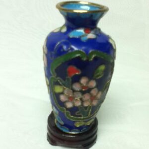 Vintage, Beautiful, 3.5in H x 2in D,Blue Floral Cloissone’ Style Vase with Stand