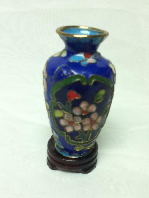 Vintage, Beautiful, 3.5in H x 2in D,Blue Floral Cloissone’ Style Vase with Stand