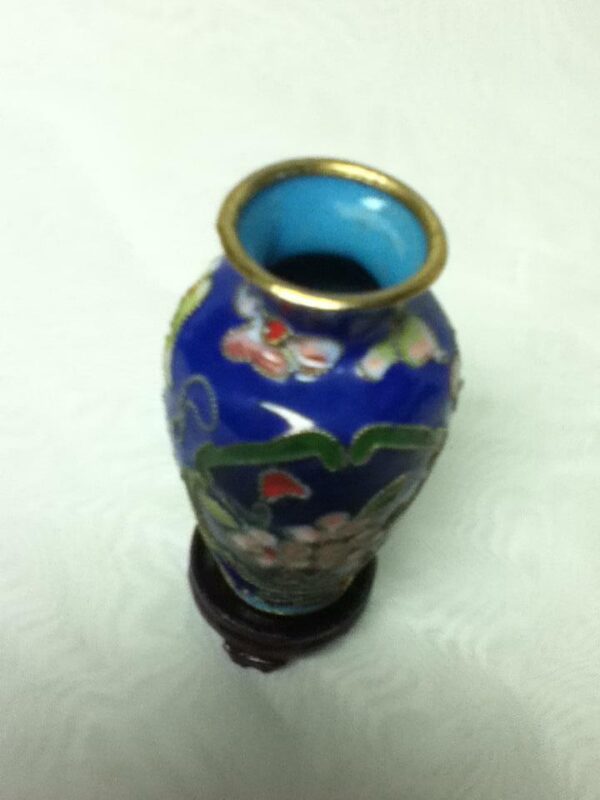 Vintage, Beautiful, 3.5in H x 2in D,Blue Floral Cloissone’ Style Vase with Stand