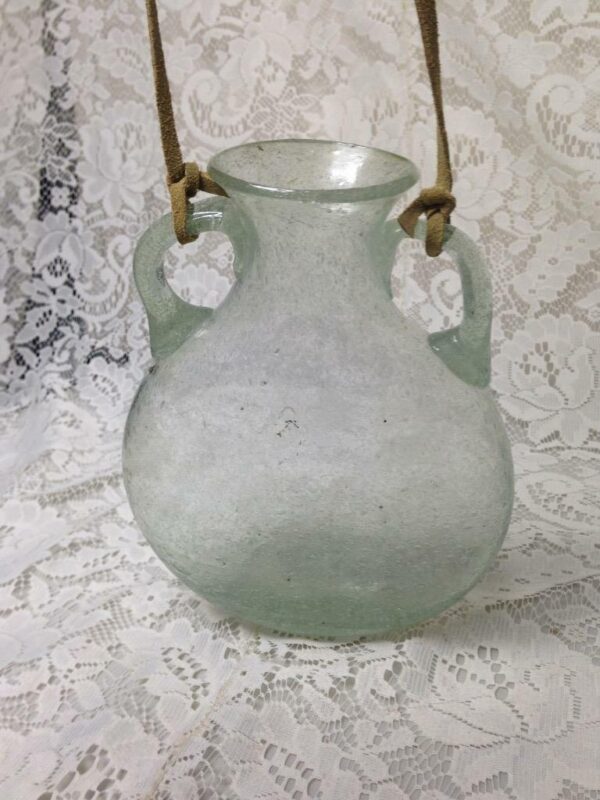 Vintage Rare, Blown Greenish Bubbled Glass Hanging Vase or Flask 8.5in x 6.5in