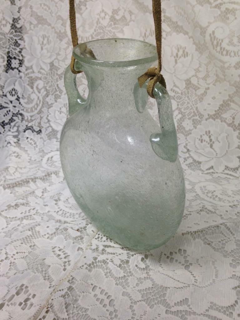 Vintage Rare, Blown Greenish Bubbled Glass Hanging Vase or Flask 8.5in x 6.5in