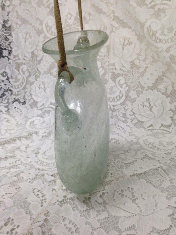 Vintage Rare, Blown Greenish Bubbled Glass Hanging Vase or Flask 8.5in x 6.5in