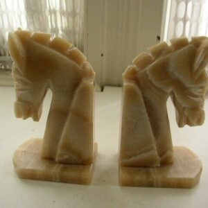 Vintage Pair of Greenish Beige Onyx Horse Bookends