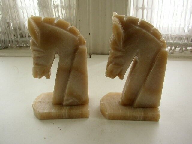 Vintage Pair of Greenish Beige Onyx Horse Bookends