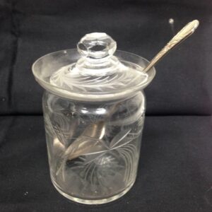 Vintage, 3pc Cut Glass Lidded Jar with Spoon 4in H x 3in W