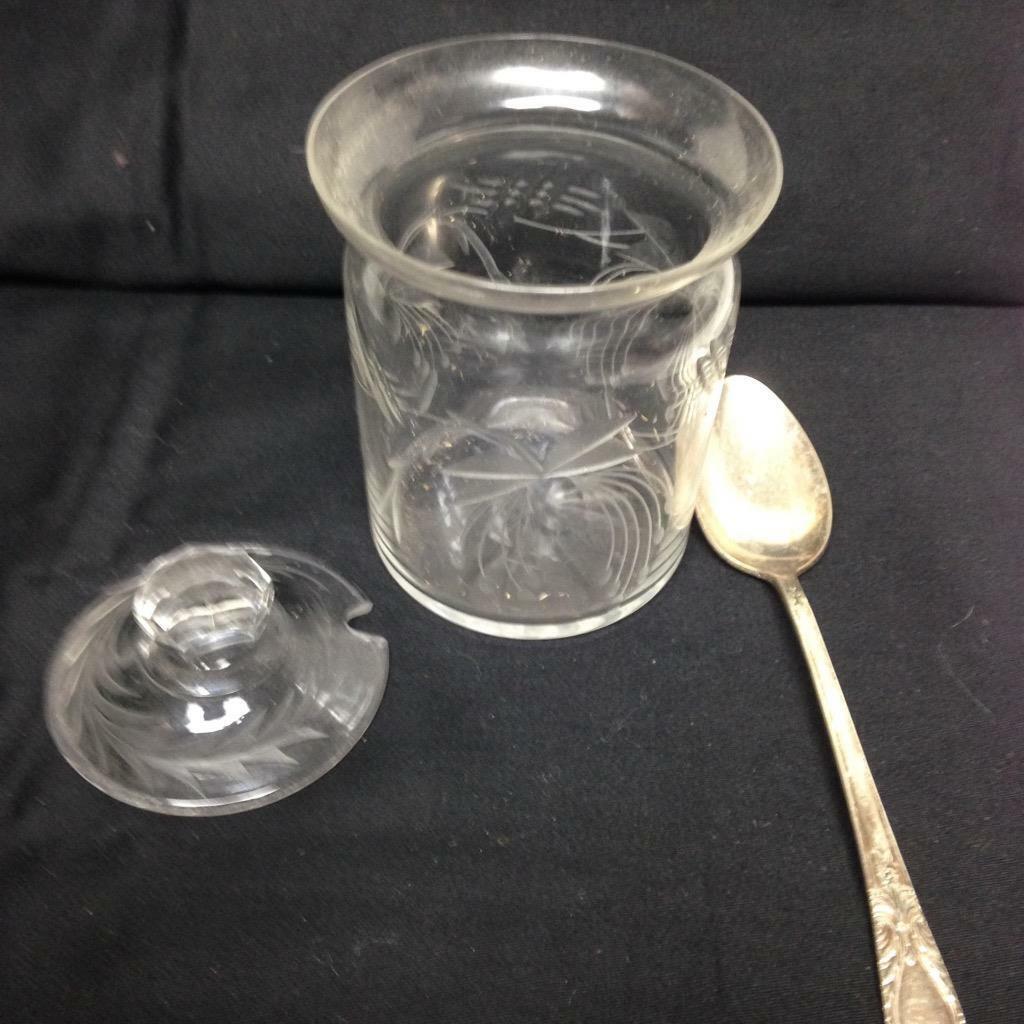 Vintage, 3pc Cut Glass Lidded Jar with Spoon 4in H x 3in W