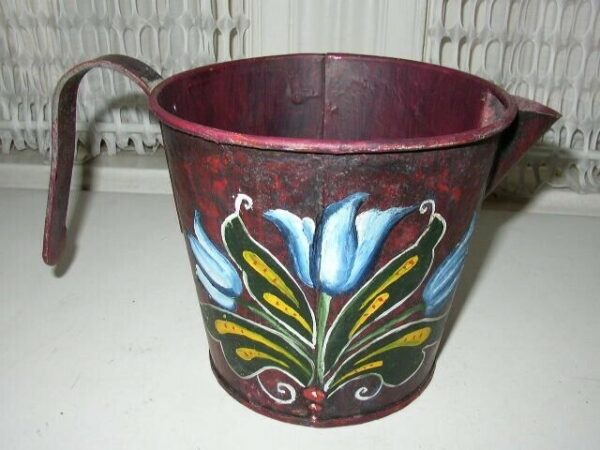 Antique, Rare, Burgundy-Blue Floral Toleware Pitcher- Watering Can