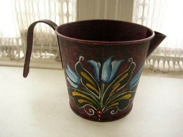 Antique, Rare, Burgundy-Blue Floral Toleware Pitcher- Watering Can