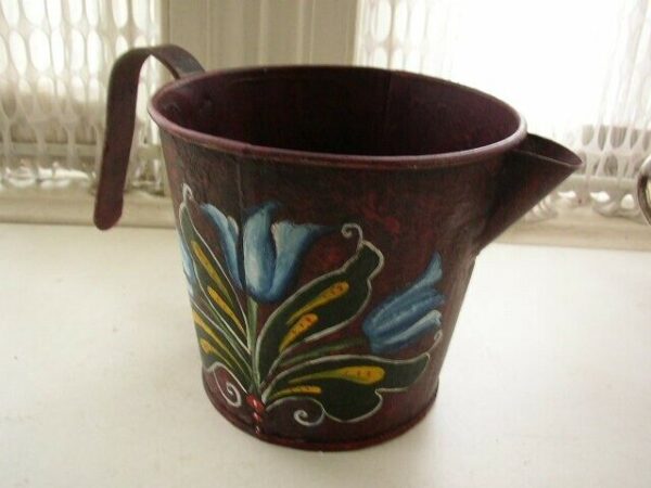 Antique, Rare, Burgundy-Blue Floral Toleware Pitcher- Watering Can