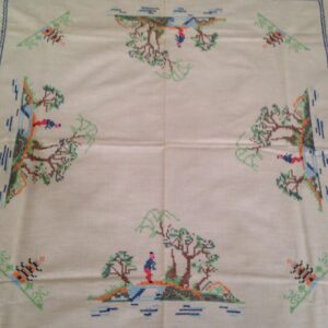 Vintage, Handcrafted, Needlework Gaudy Blue Willow Table Cloth 33in x 32in