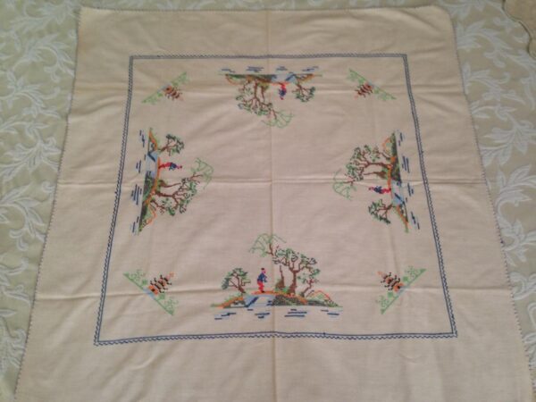 Vintage, Handcrafted, Needlework Gaudy Blue Willow Table Cloth 33in x 32in