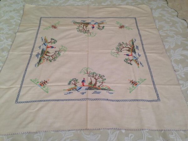 Vintage, Handcrafted, Needlework Gaudy Blue Willow Table Cloth 33in x 32in