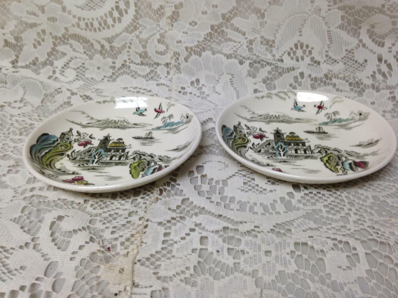 Vintage, Rare, England, Myott Gaudy Willow 2pc Butter Pat 4inD