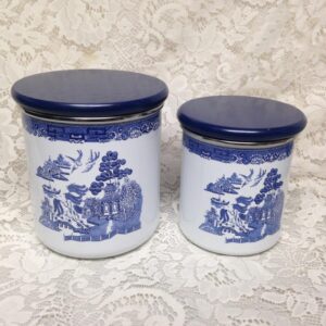 Vintage, Rare, 2pc Blue Willow Enamelware Canister Set 7in T and 6in T