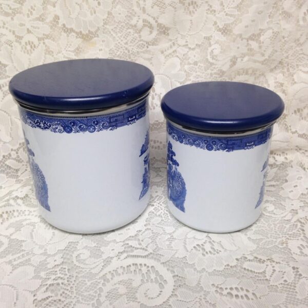 Vintage, Rare, 2pc Blue Willow Enamelware Canister Set 7in T and 6in T