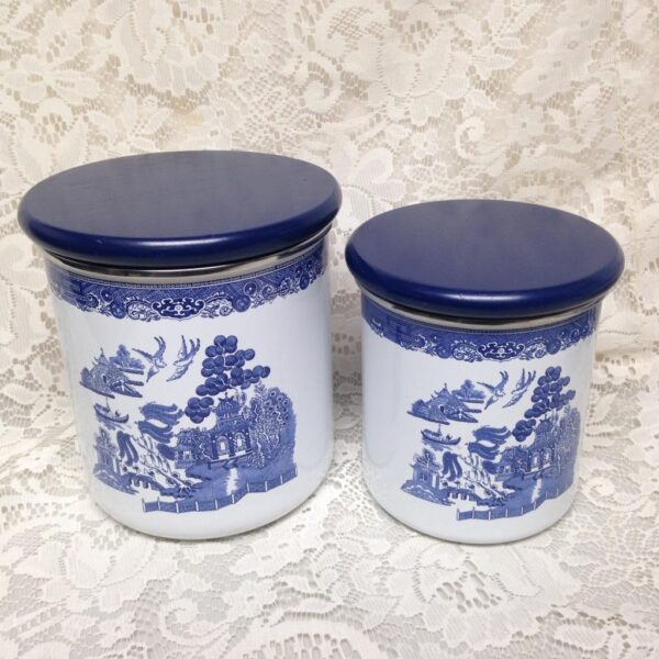 Vintage, Rare, 2pc Blue Willow Enamelware Canister Set 7in T and 6in T