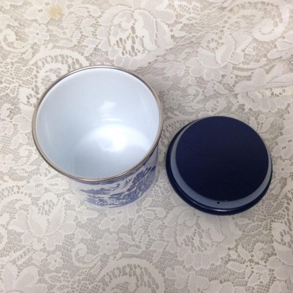 Vintage, Rare, 2pc Blue Willow Enamelware Canister Set 7in T and 6in T