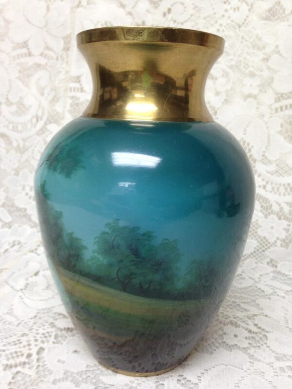 Vintage, Rare, Beautiful, Enamelware on Brass Portrait Vase 8in x 5.5in D