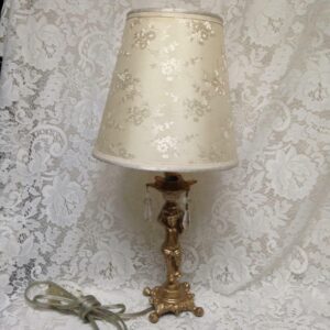 Vintage, Electric, Golden Cherub Lamp with Shade and Prisms 17in