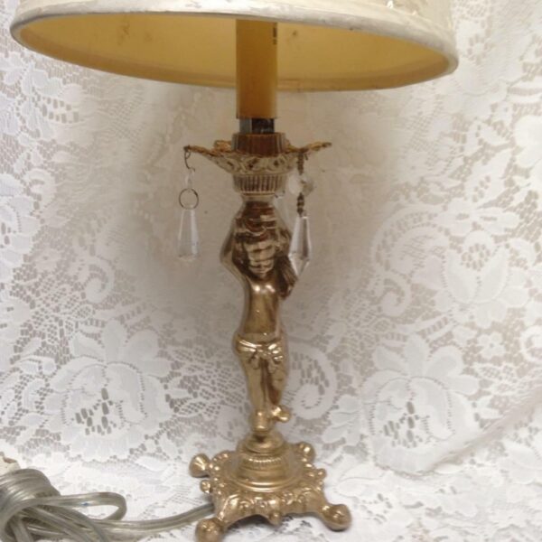 Vintage, Electric, Golden Cherub Lamp with Shade and Prisms 17in