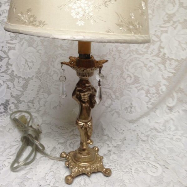 Vintage, Electric, Golden Cherub Lamp with Shade and Prisms 17in