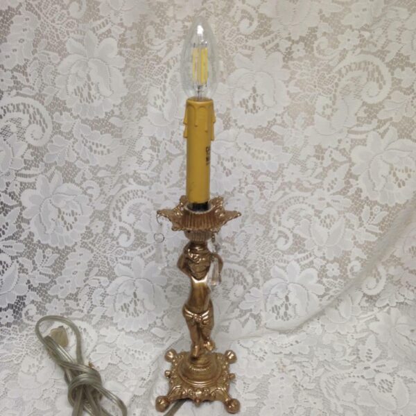 Vintage, Electric, Golden Cherub Lamp with Shade and Prisms 17in