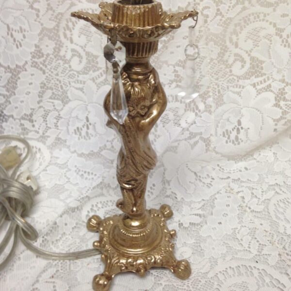 Vintage, Electric, Golden Cherub Lamp with Shade and Prisms 17in