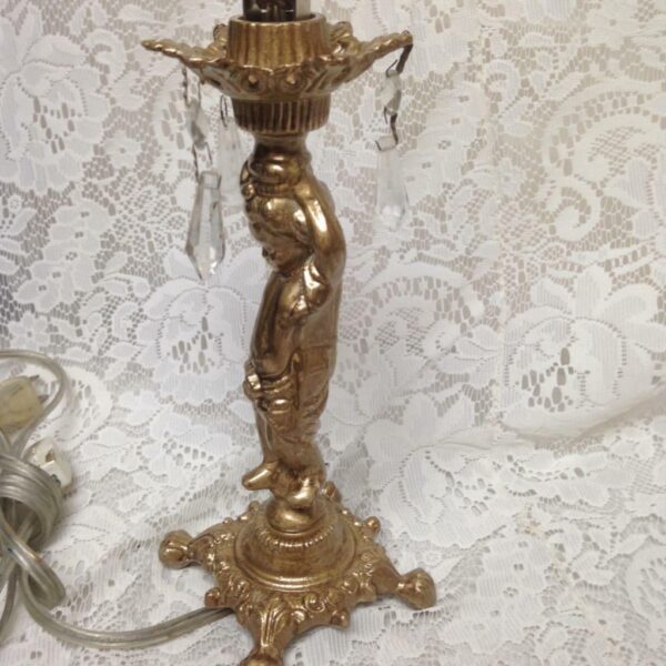 Vintage, Electric, Golden Cherub Lamp with Shade and Prisms 17in