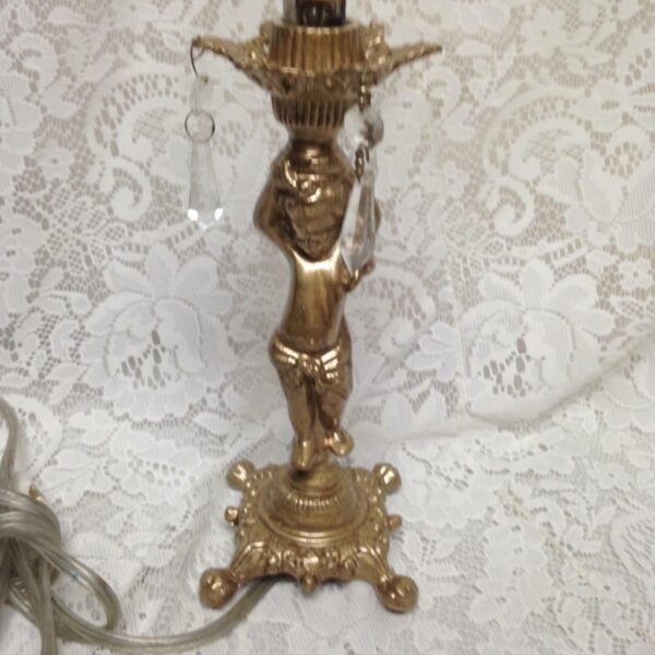 Vintage, Electric, Golden Cherub Lamp with Shade and Prisms 17in