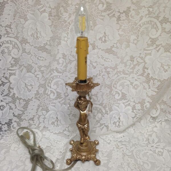 Vintage, Electric, Golden Cherub Lamp with Shade and Prisms 17in