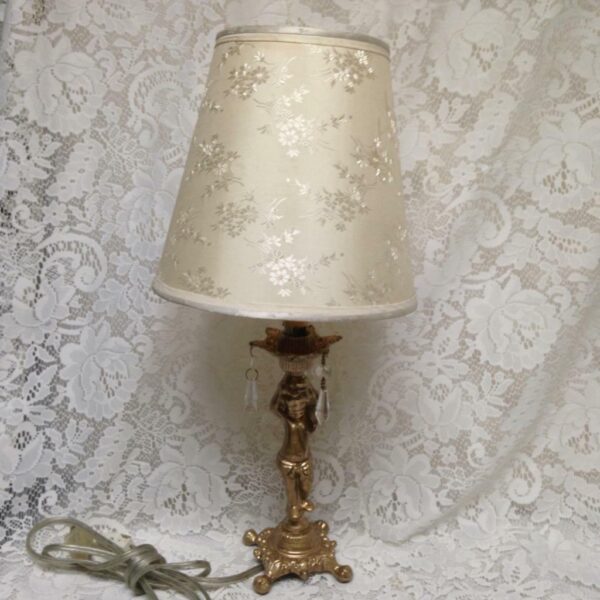 Vintage, Electric, Golden Cherub Lamp with Shade and Prisms 17in