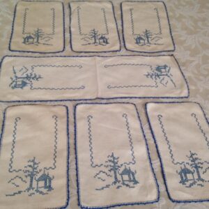 Vintage, Blue Willow, 7pc Needlework Cross-Stitched Table Runner and Doilies