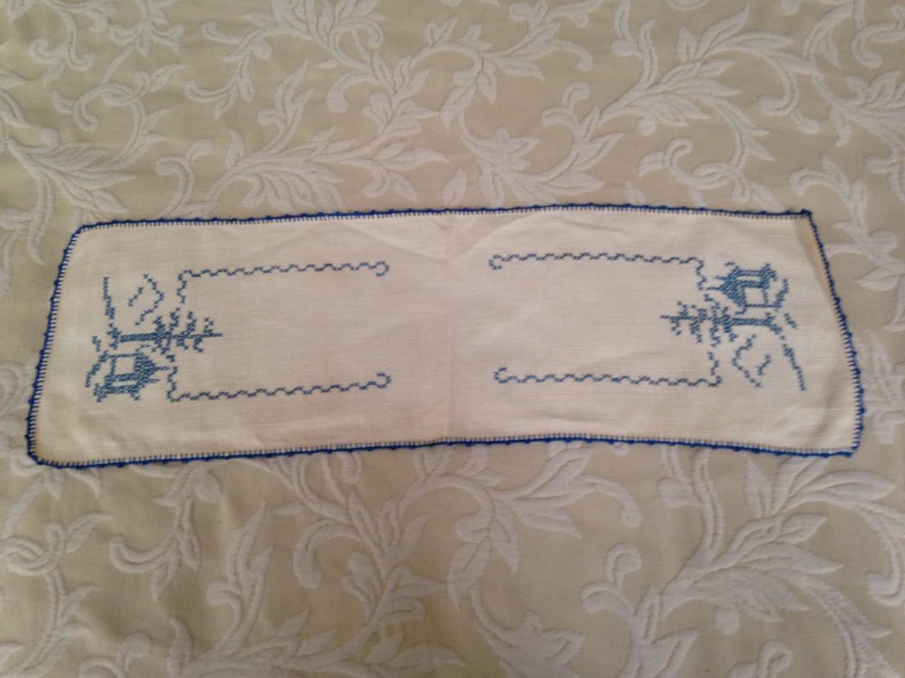 Vintage, Blue Willow, 7pc Needlework Cross-Stitched Table Runner and Doilies