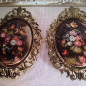 Vintage Floral Litho on Silk with Elegant Metal Frame