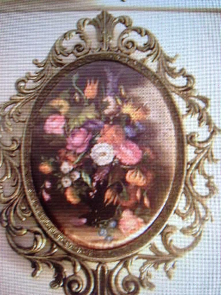 Vintage Floral Litho on Silk with Elegant Metal Frame