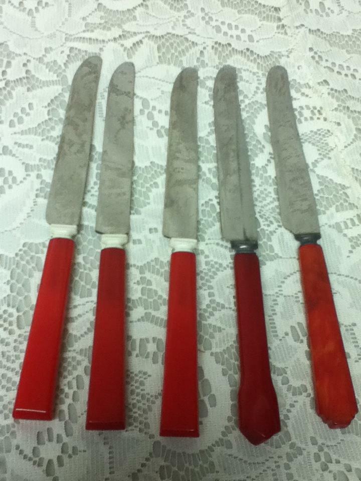 Vintage, 5-pc Lot, Red Bakelite Knives