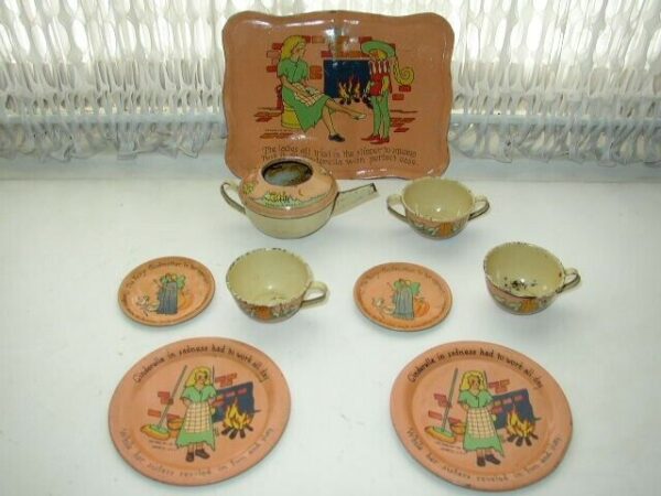 1930s Ohio Art F.B. Peat Cinderella Child's 9pc Tin Tea Set