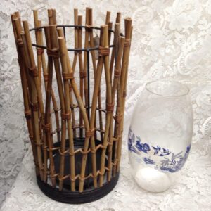 Large, Wicker Candle Stand with Blue Willow Glass Chimney