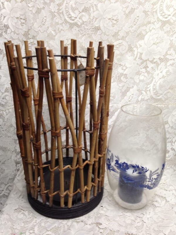 Large, Wicker Candle Stand with Blue Willow Glass Chimney