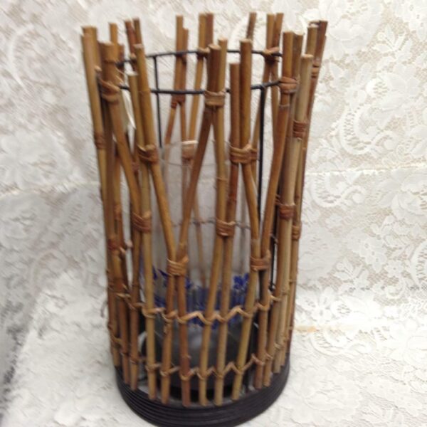 Large, Wicker Candle Stand with Blue Willow Glass Chimney