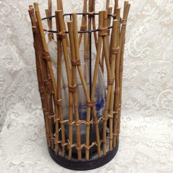 Large, Wicker Candle Stand with Blue Willow Glass Chimney