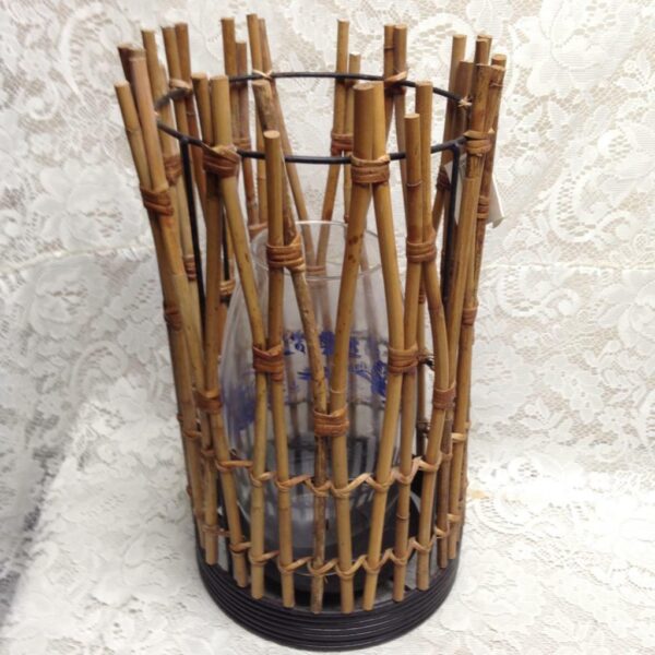 Large, Wicker Candle Stand with Blue Willow Glass Chimney