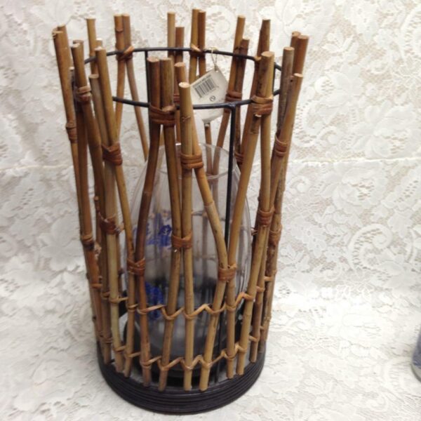 Large, Wicker Candle Stand with Blue Willow Glass Chimney