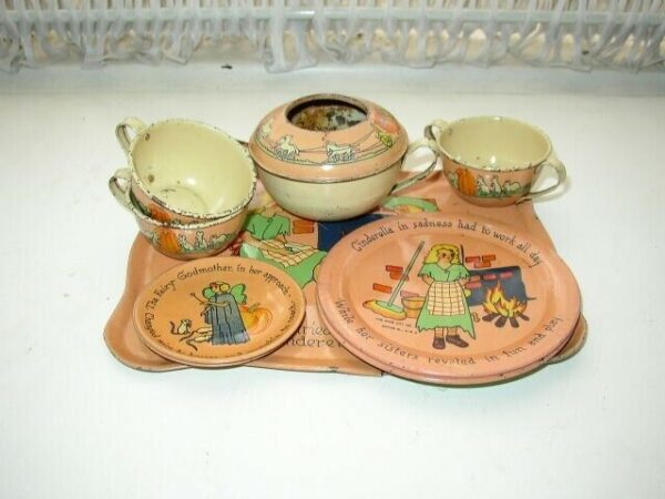 1930s Ohio Art F.B. Peat Cinderella Child's 9pc Tin Tea Set